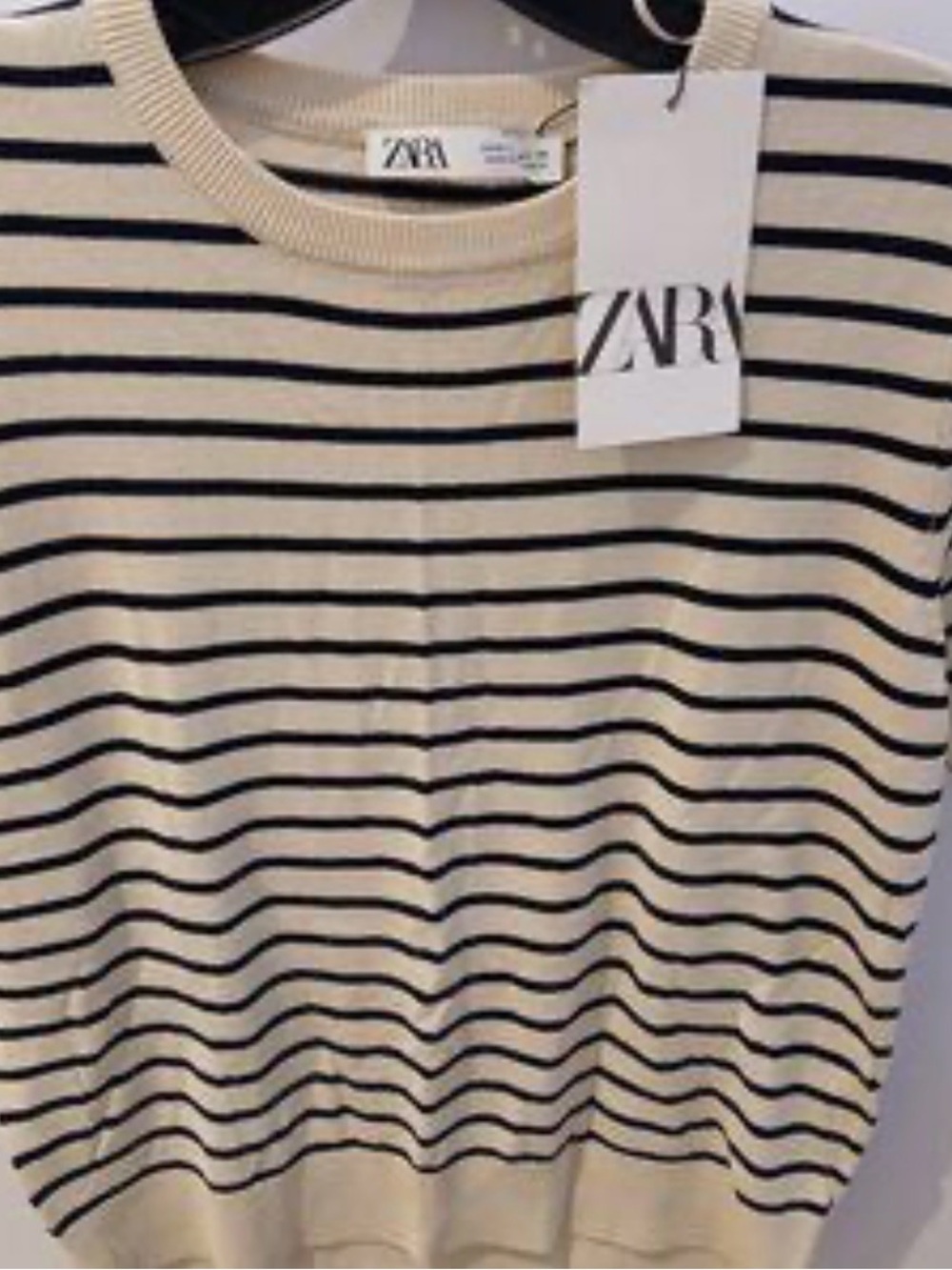 Zara Cream and Black Striped Crew Sweater